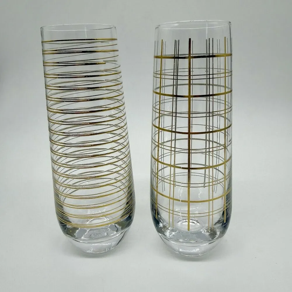 Vintage Stemless Champagne Flutes Glasses Mid-Century MCM Gold Barware Atomic